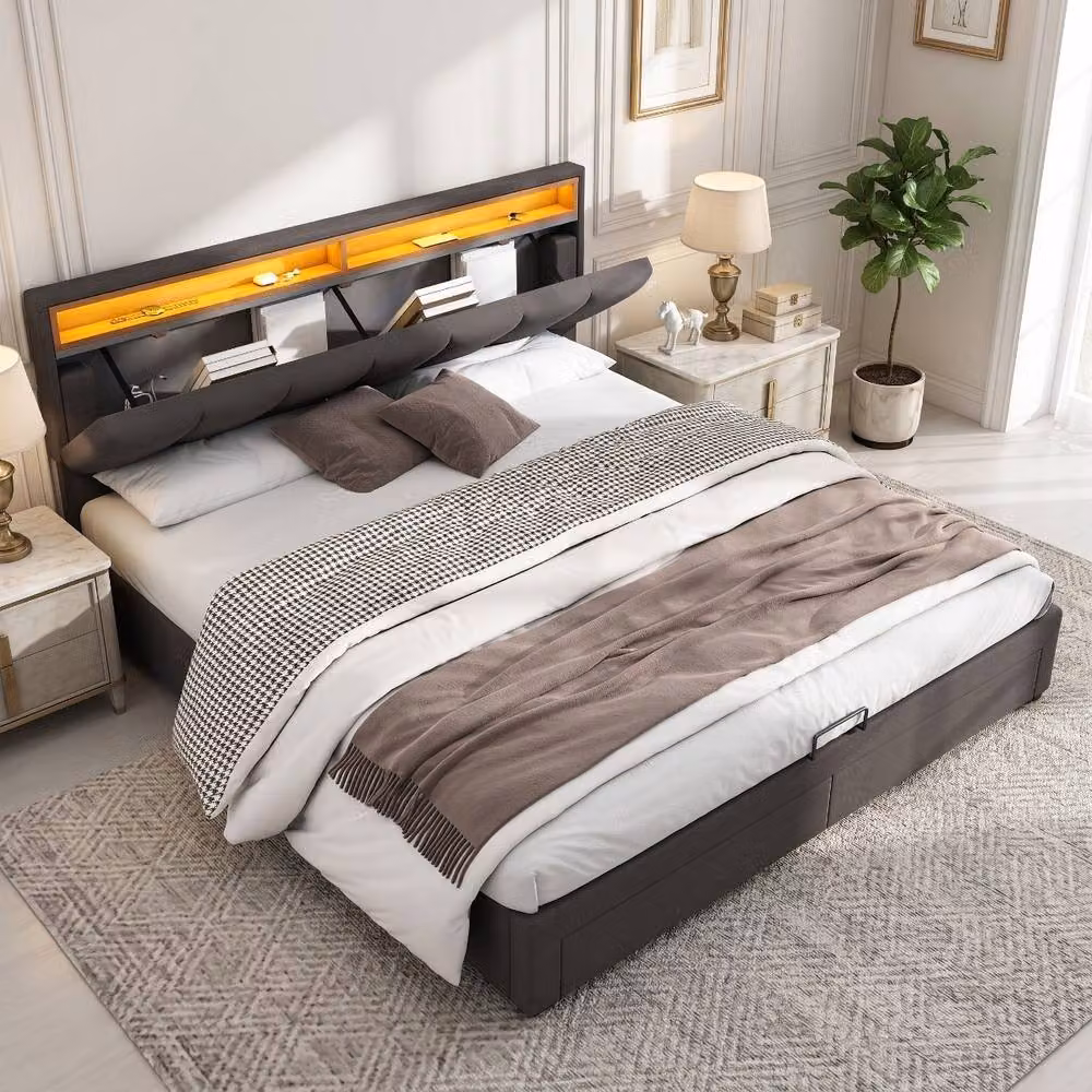Rolipo Grey Linen Upholstered King Size Bed with LED Headboard, Bedside Shelf and Lift-Up Storage, W/D/H: 180 x 200 cm – 2