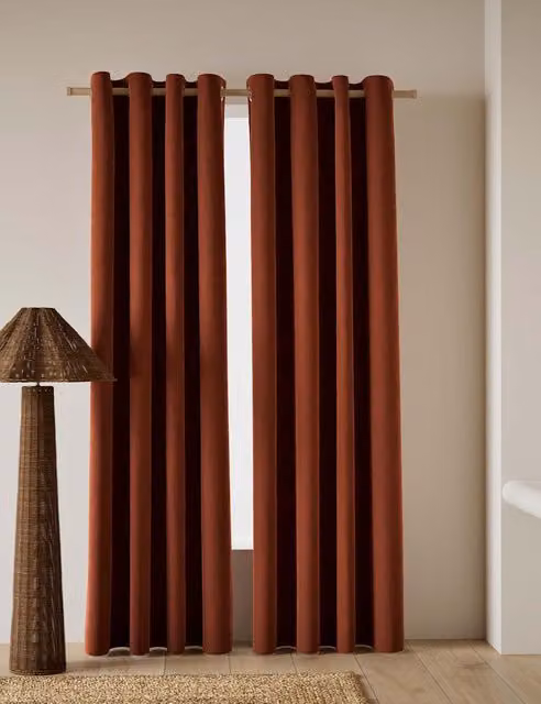 M&S Chestnut Brown Velvet Eyelet Curtains, Thermal Insulating and Opaque