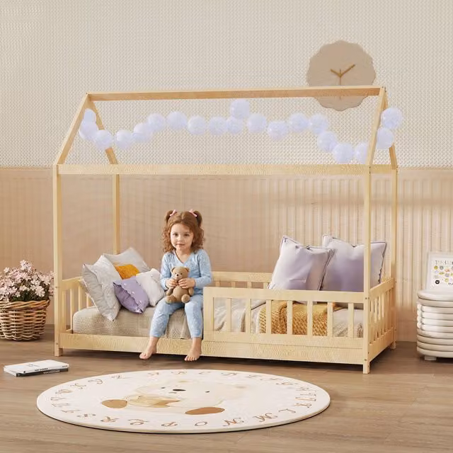 HOMCOM House-Shaped Kids Bed Frame in Natural Wood Finish
