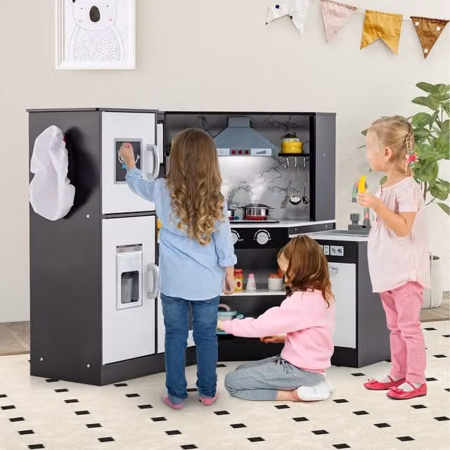 Costway Kids Corner Play Kitchen Pretend Toy in Brown