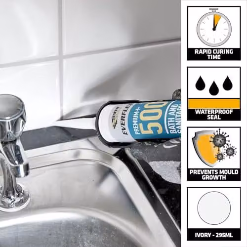 Sika SikaSeal Sanitary Silicone+ Waterproof Anti-Mould Silicone in Ivory, 295ml – 2