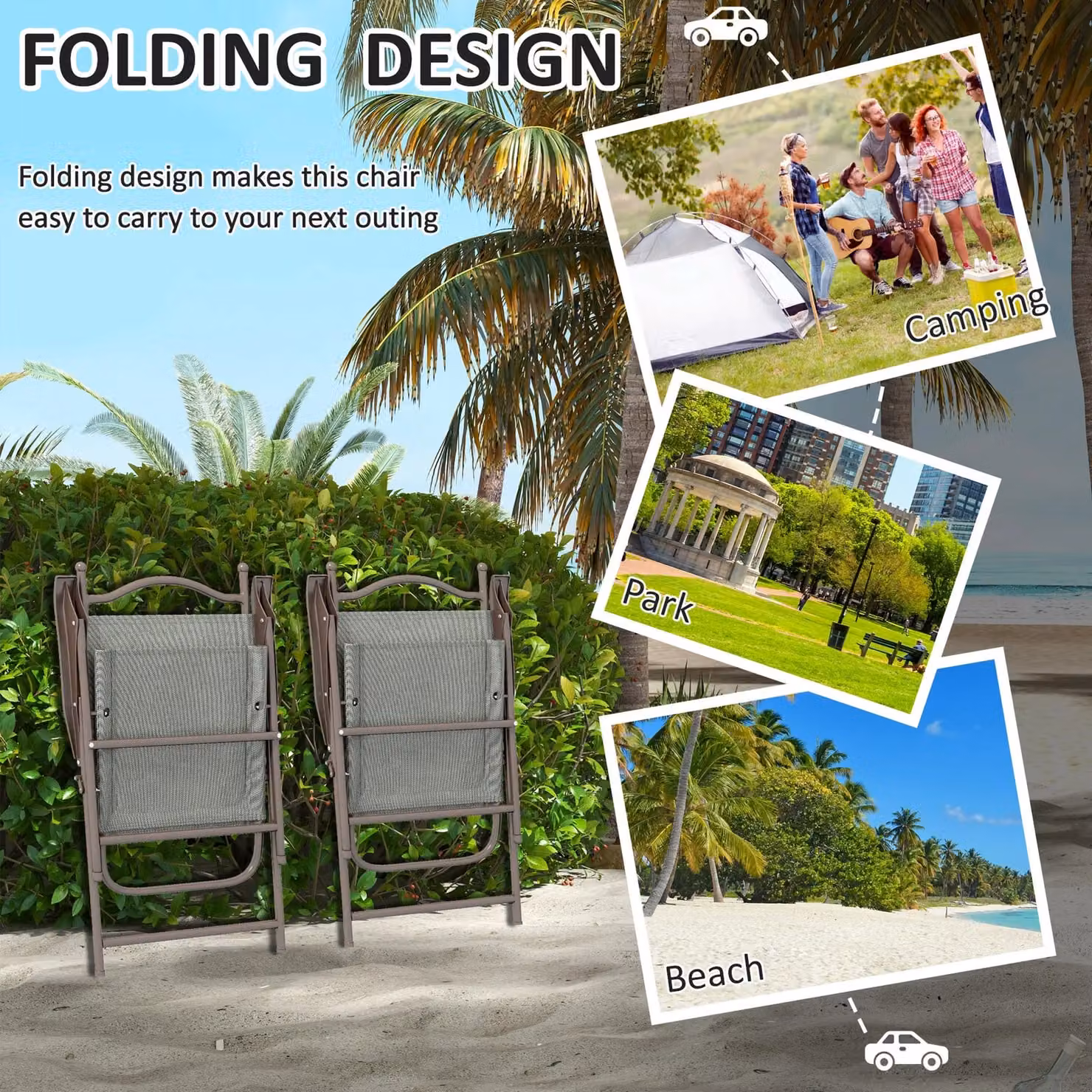 OUTSUNNY Set of 2 Folding Chairs with Armrests in Dark Grey with Breathable Mesh Fabric Seats – 3
