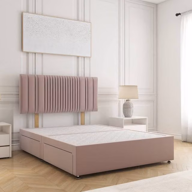 BSSPOKE Florence Small Double Divan Bed with 24 inch Plush Headboard and 2 Drawers in Pink, W/D/H: 120 x 200 x 30.48 cm