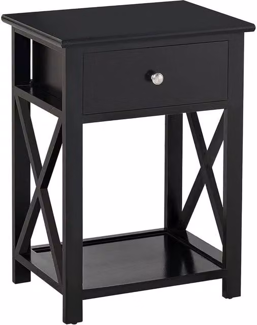 VOGREX Black Wood Side End Table with Drawer Storage Nightstand