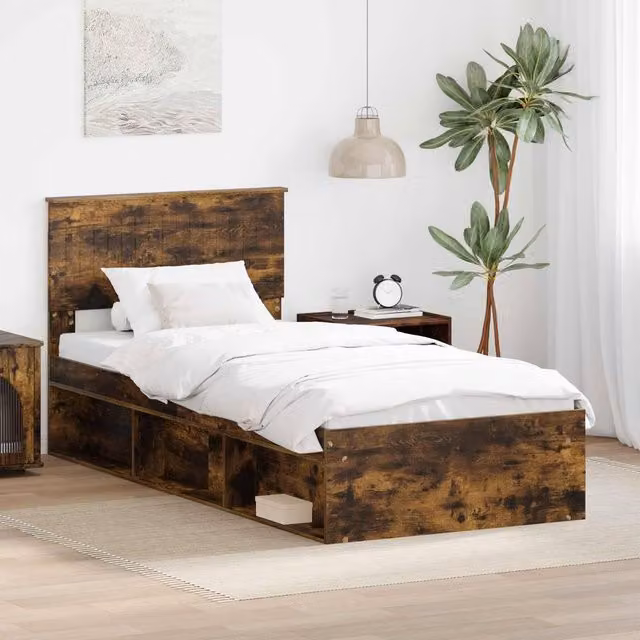 Berkfield Home Bed Frame with Headboard in Smoked Oak and Brown Solid Pine Wood, W/D/H: 90 x 190 cm