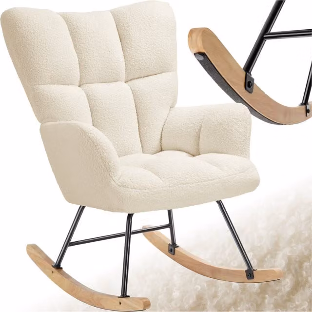 TECTAKE Modern Boucle Rocking Chair with Armrests in Beige and Yellow