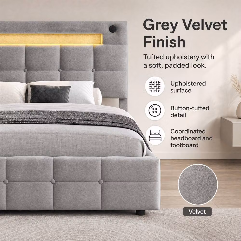 STILVORA Double Ottoman Bed with Under-Bed LED Lighting and USB Charging Ports in Grey Velvet – 5