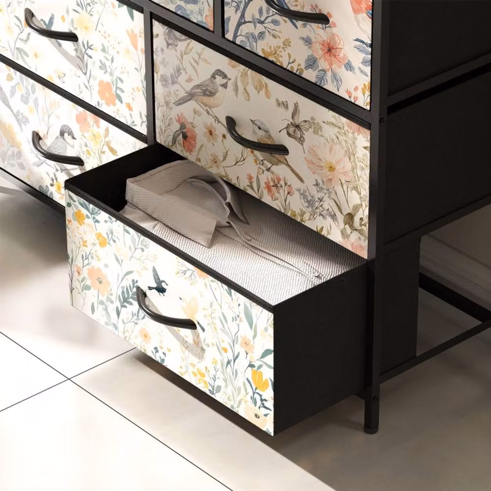 STILVORA 7-Drawer Chest of Drawers with Wood-Effect Top in Cream and Beige Floral Design – 7