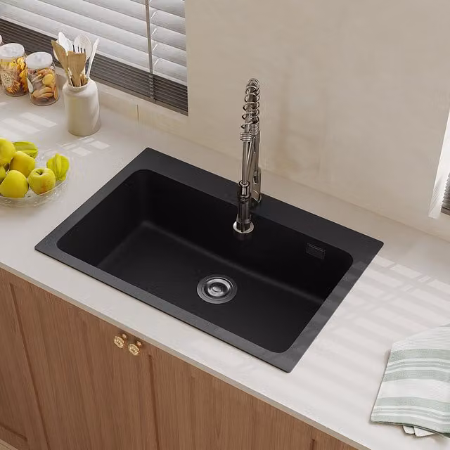 Livingandhome Black Granite Composite Kitchen Sink with Stainless Steel Strainer, Width: 73.5 cm