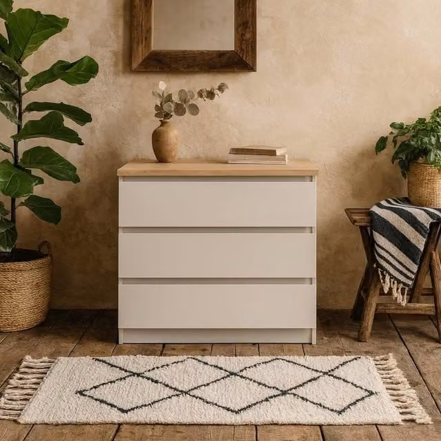 Wyld Haus Budapest 3 Drawer Chest in Cream with Natural Oak Effect Top