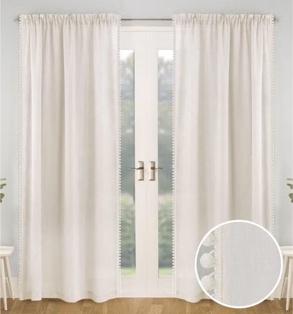 Tyrone Textiles Pair of Sheer Voile Fabric Panels with Rod Pocket and Pom-Pom Trim in White and Yellow, Width: 137 cm