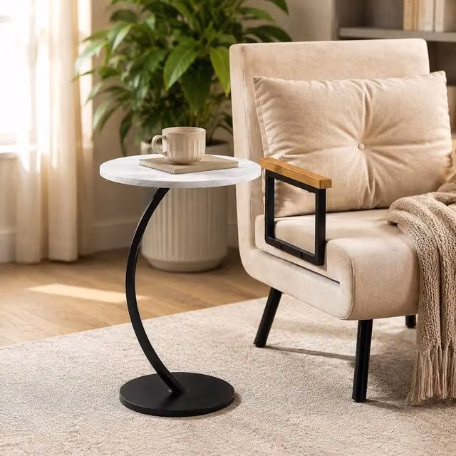 STILVORA White C Shaped Side Table with Metal Frame and Round MDF Top