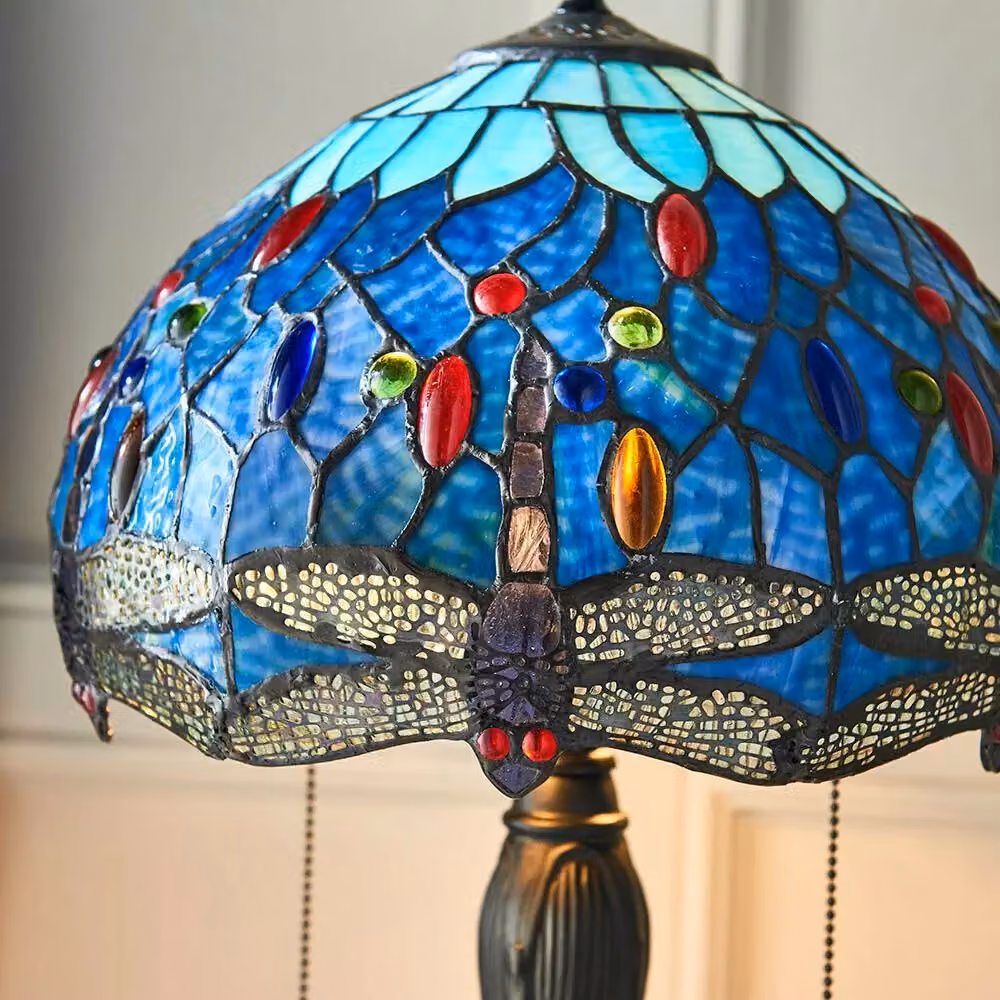 Loops Tiffany Glass Table Lamp with Blue Dragonfly Shade and Dark Bronze Base – 5