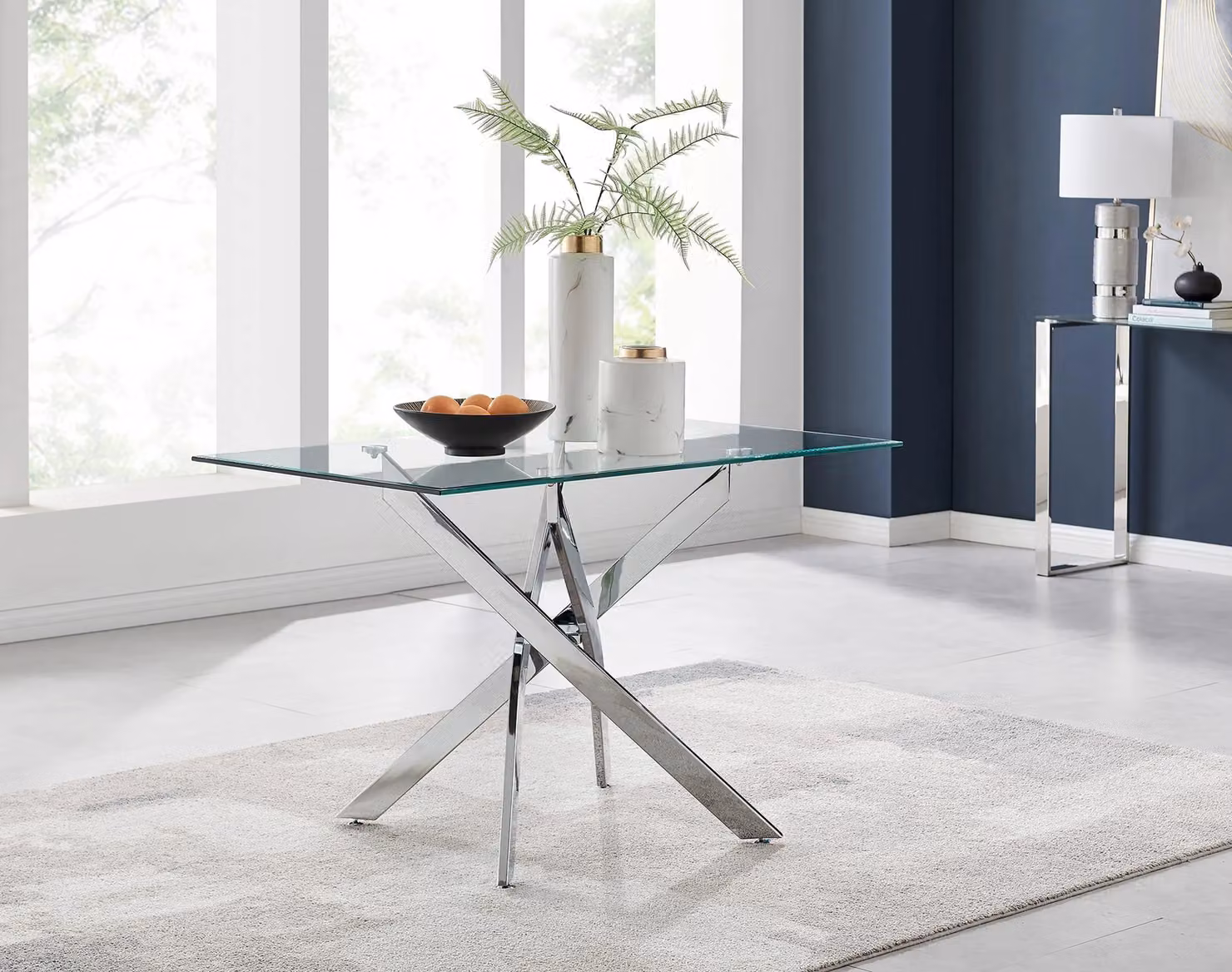 FurnitureboxUK Leonardo 4-Seater Rectangular Glass Dining Table with Chrome X-Frame, Silver and Grey – 2