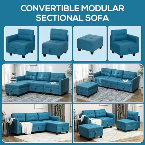 HOMCOM Reversible L-Shaped Modular Sectional Sofa with Storage and Ottoman, Blue Fabric 3 Seater Sofa with Sleeping Function and Solid Wood Frame, W/D/H: 213.0 x 158.0 x 85.0 cm – 3