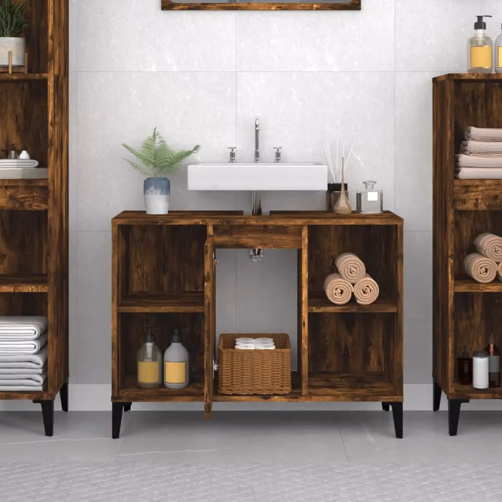 Berkfield Home Smoked Oak Sink Cabinet in Brown, W/D/H: 80 x 33 x 60 cm – 2