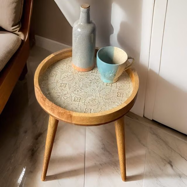 Hartsmede Mango Wood Round Side Table with Resin-Coated Enamel Top in Ivory and Brown, W/D/H: 37 x 37 x 20 cm