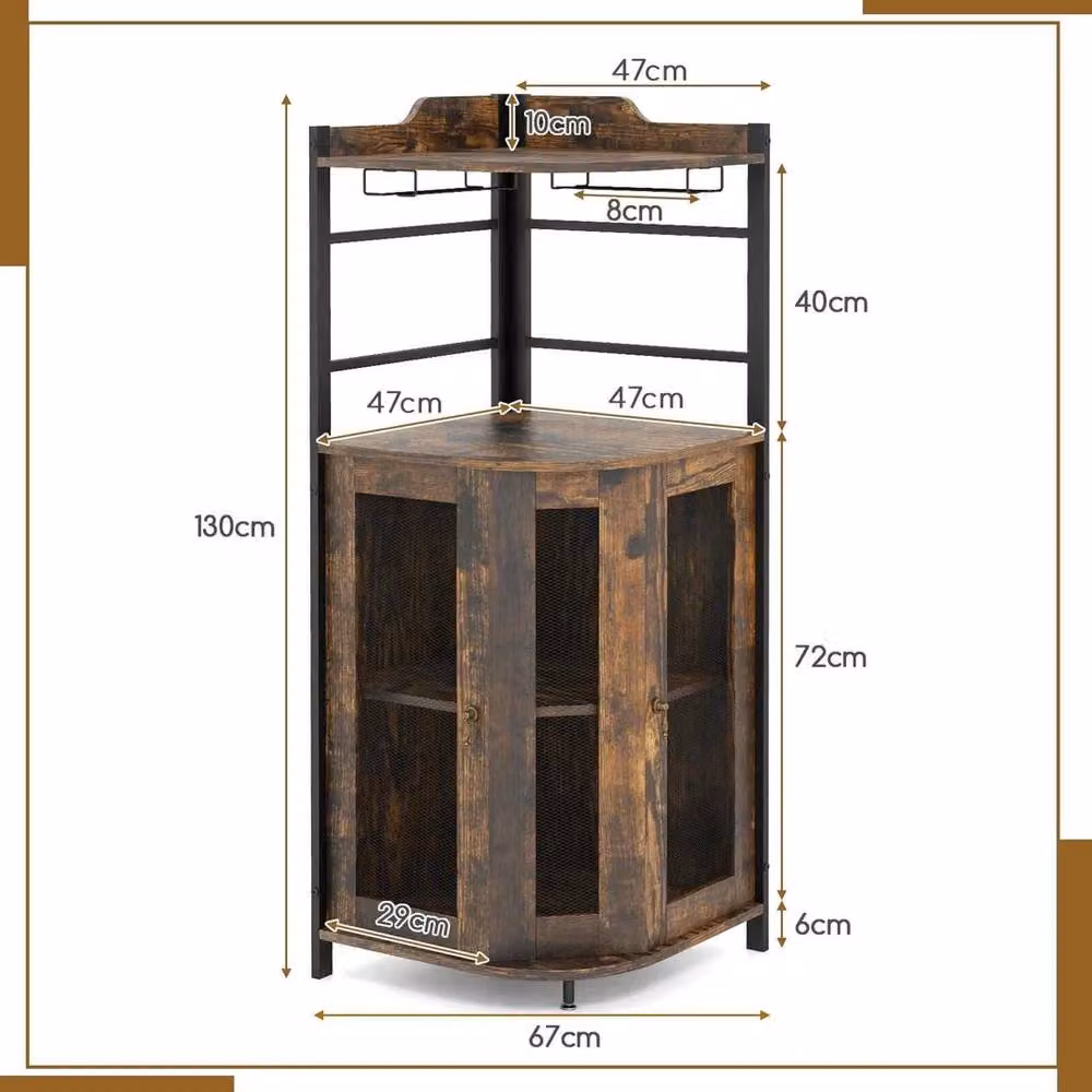 Kelvenix Chic Industrial Corner Bar Cabinet in Brown with Glass Doors and Internal Shelves – 2