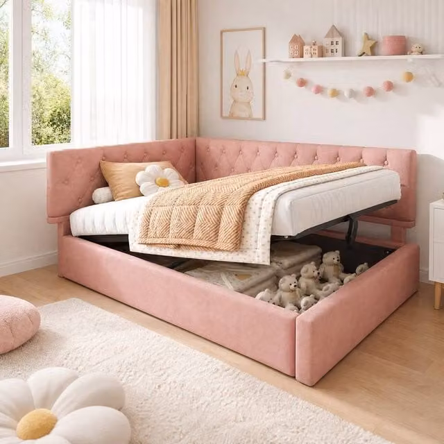 STILVORA Pink Velvet Ottoman Bed with Storage, 3ft Single, W/D/H: 90 x 190 x 91.44 cm – 1