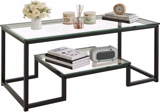 Huhote Modern Rectangular Glass Coffee Table with Black Metal Frame – 1