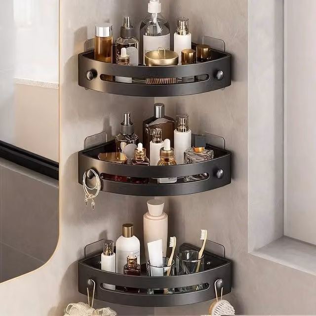 Ventryn 3-Piece Black Corner Shower Caddy Set with Self-Adhesive Rustproof Storage Shelves – 1