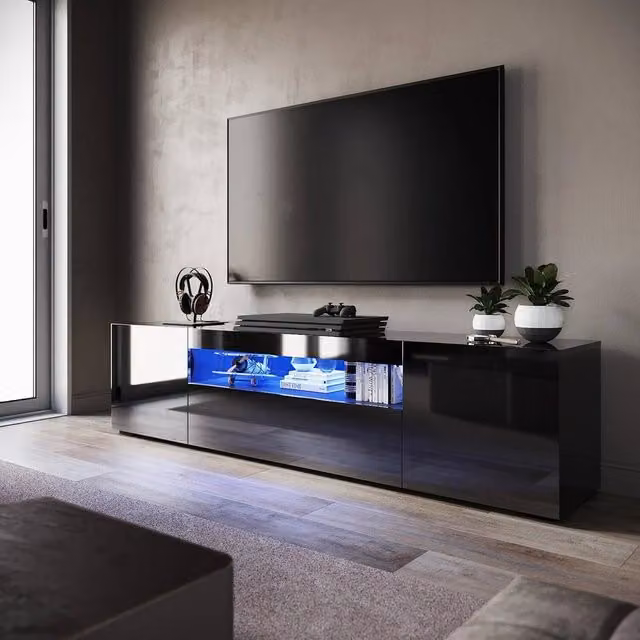 FORGEVIO Modern High Gloss Black TV Stand Cabinet Unit, 200 cm