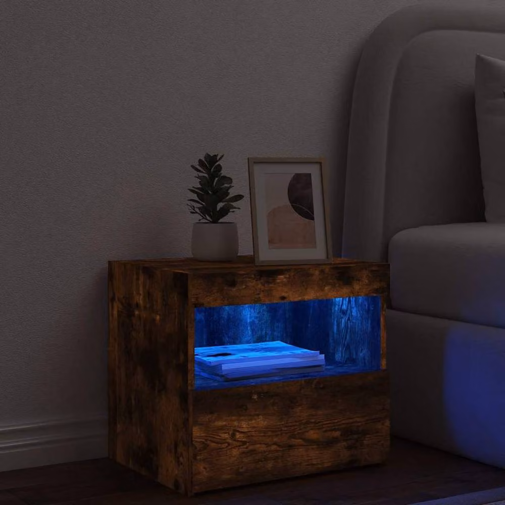 Berkfield Home Bedside Cabinet with Integrated LED Lights in Smoked Oak Brown, W: 50 cm, D: 40 cm, H: 45 cm – 3
