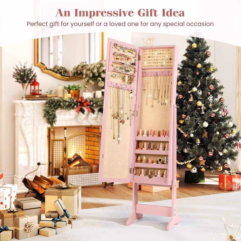 Costway Pink Glossy Mirrored Jewelry Armoire with Hinged Doors and Internal Shelves – 2