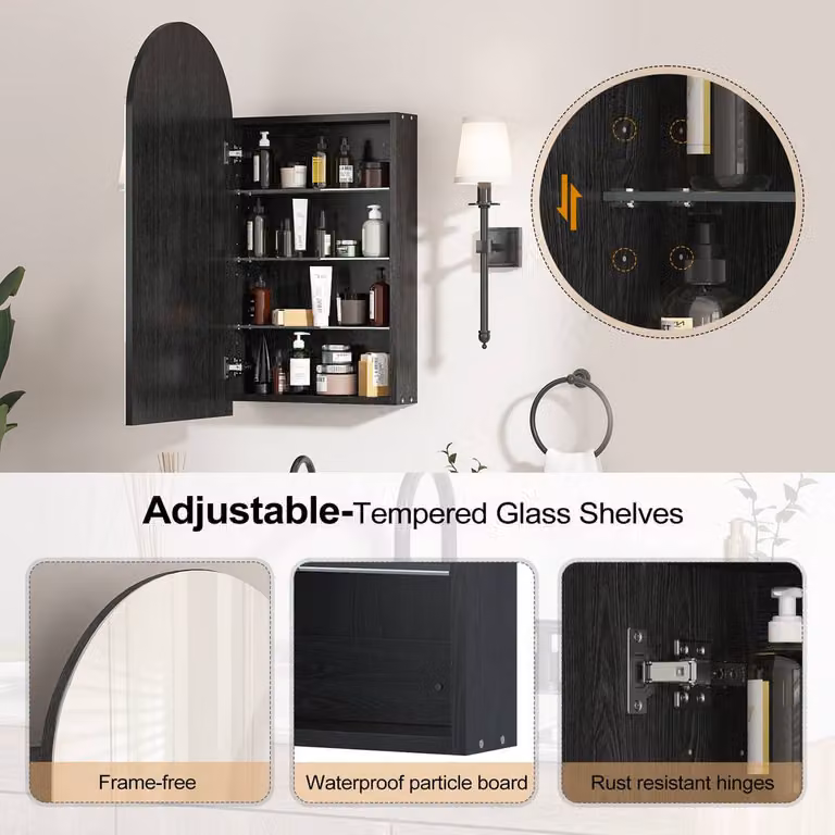 KEEPREAPER Sleek Black Wall Mounted Bathroom Mirror Cabinet with LED Lighting and Glass Doors, W: 40 cm, H: 80 cm