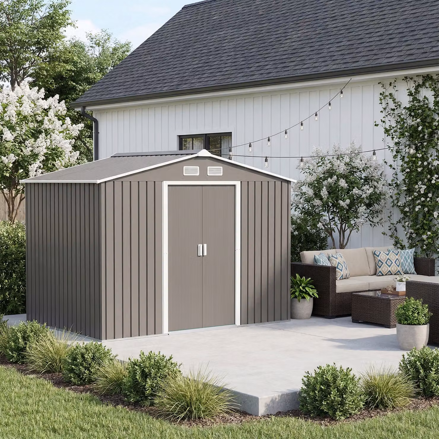Outsunny Metal Garden Shed with Double Doors and Ventilation, Light Grey, W: 274 cm, D: 183 cm, H: 192 cm – 2