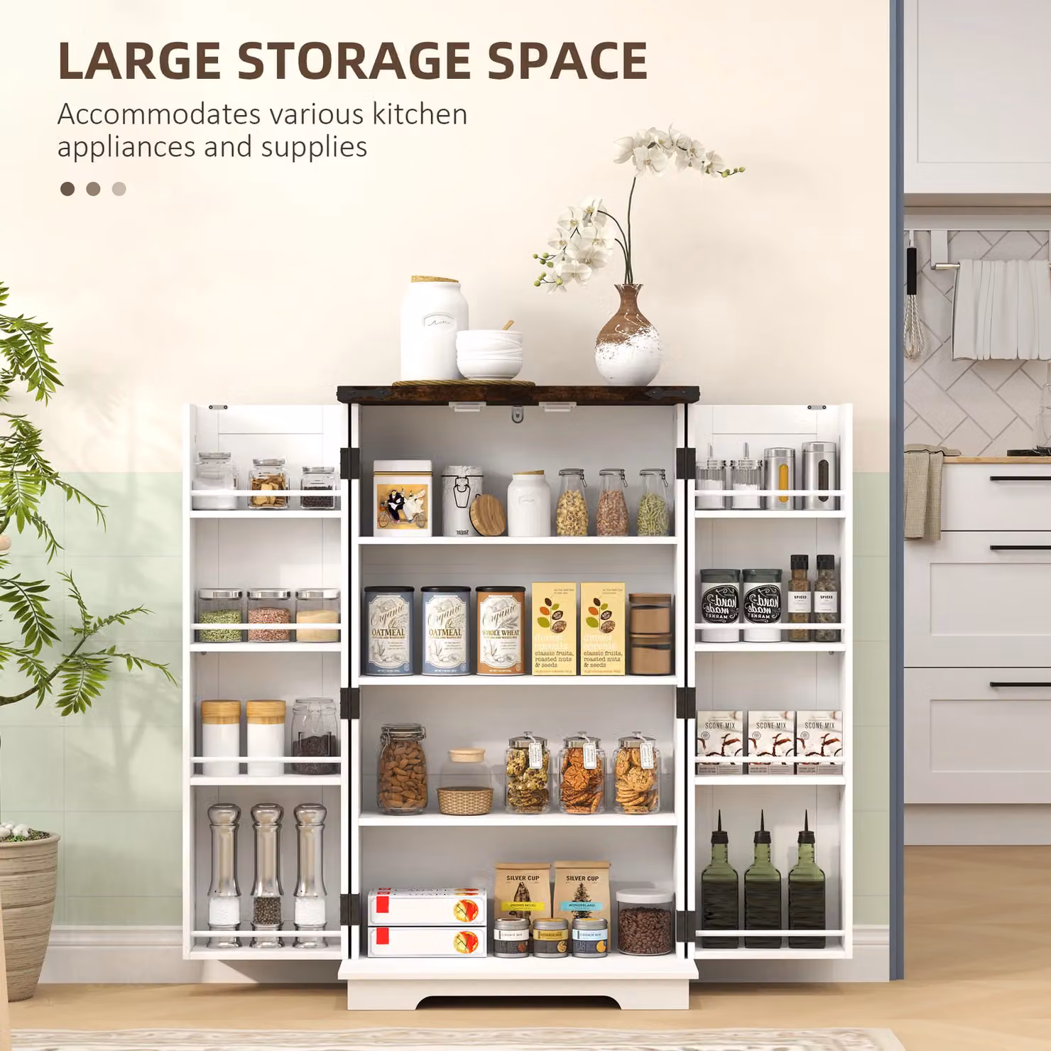 HOMCOM White Kitchen Cupboard Pantry Cabinet with Adjustable Internal Shelves and Hinged Doors – 3