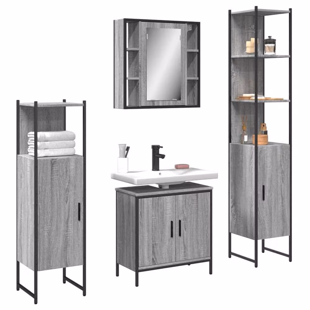 Berkfield Home 4 Piece Grey Bathroom Cabinet Set including Mirror Cabinet, Vanity Unit, Wall Cabinet and Tall Cabinet – 2
