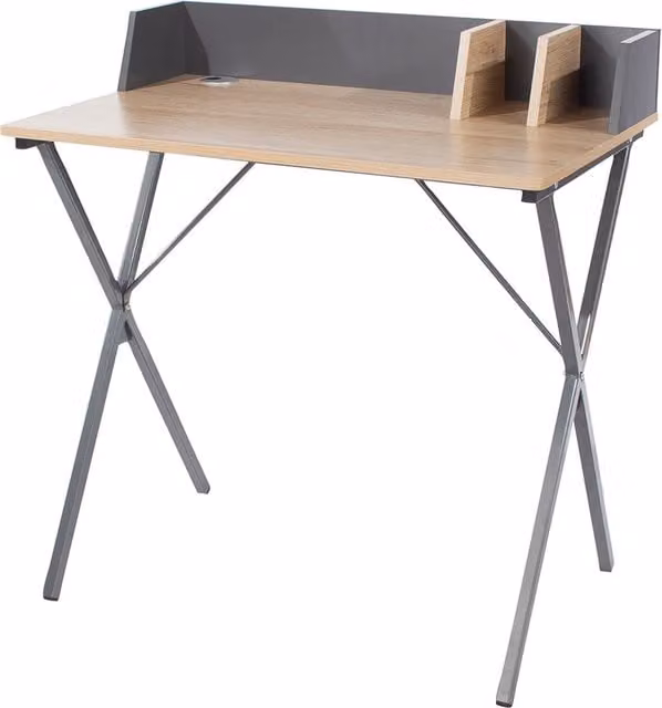 Industrial Writing Desk with Oak Effect Top and Grey Metal X-Frame Legs in Brown