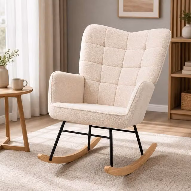 STILVORA Beige Bouclé Rocking Chair with Armrests and Mixed Wood and Metal Frame
