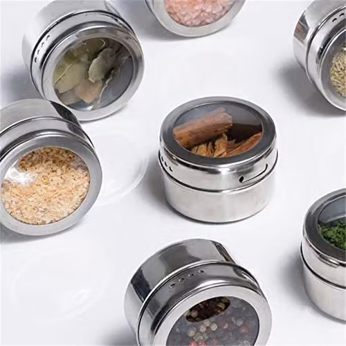JINGYAN Stainless Steel Magnetic Spice Shaker Set with Sealed Lid and Stickers in Silver – 3