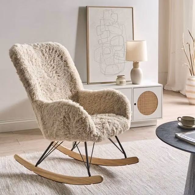 Wyld and Coco Light Beige Faux Fur Rocking Chair with Rubberwood Legs and Castors – 1