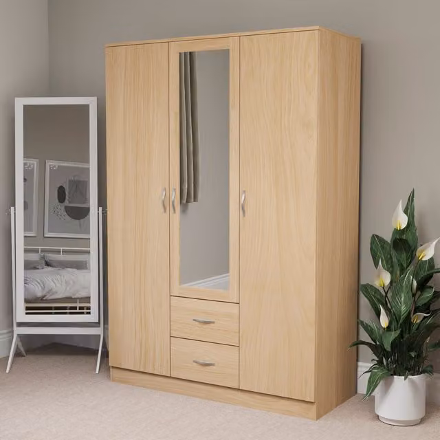 Vida Designs Riano 3 Door 2 Drawer Mirrored Wardrobe in Pine Brown and Yellow