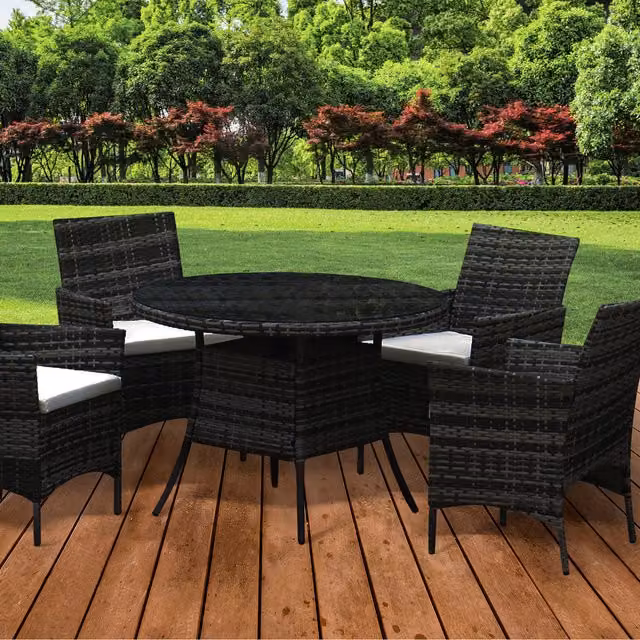 Comfy Living 5 Piece Black Rattan Dining Garden Set with Glass and Metal Details and Cover