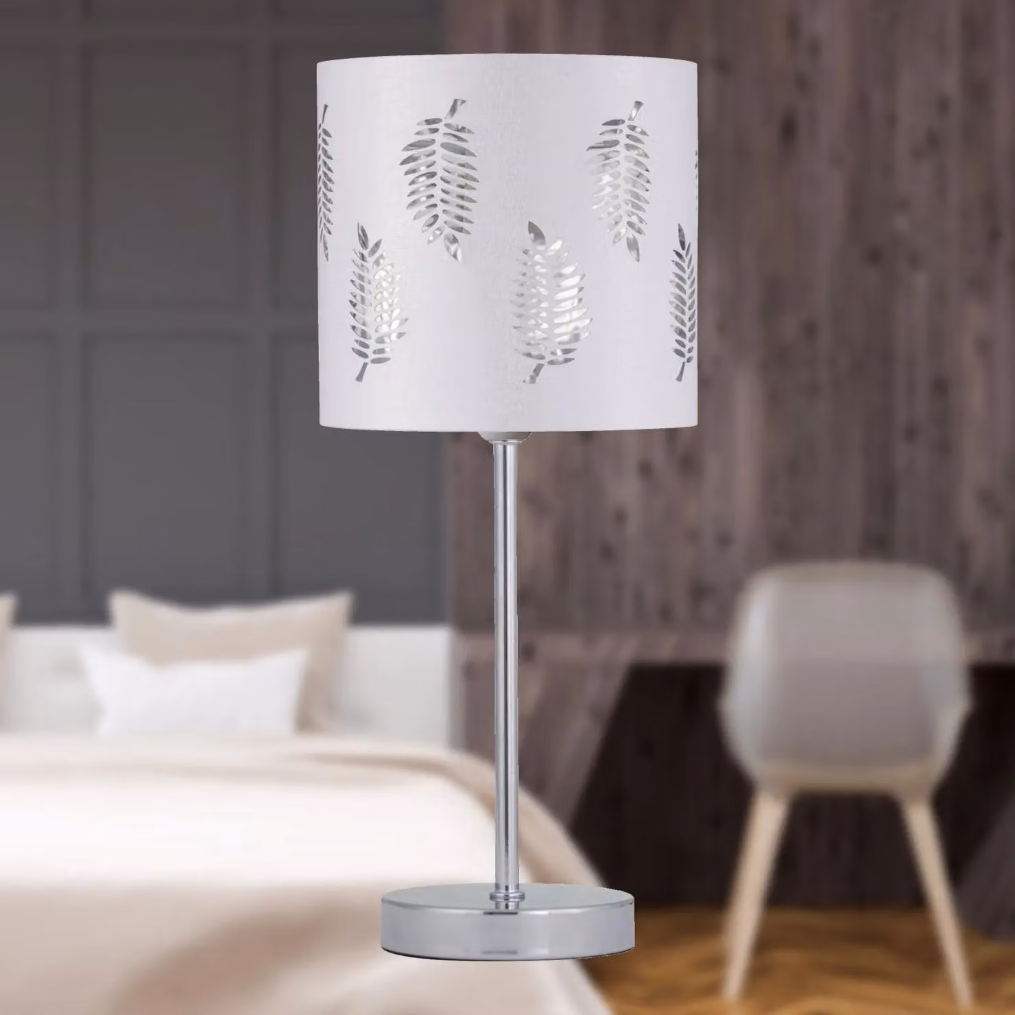 First Choice Lighting Chrome Stick Table Lamp with White Fabric Shade in Silver – 3