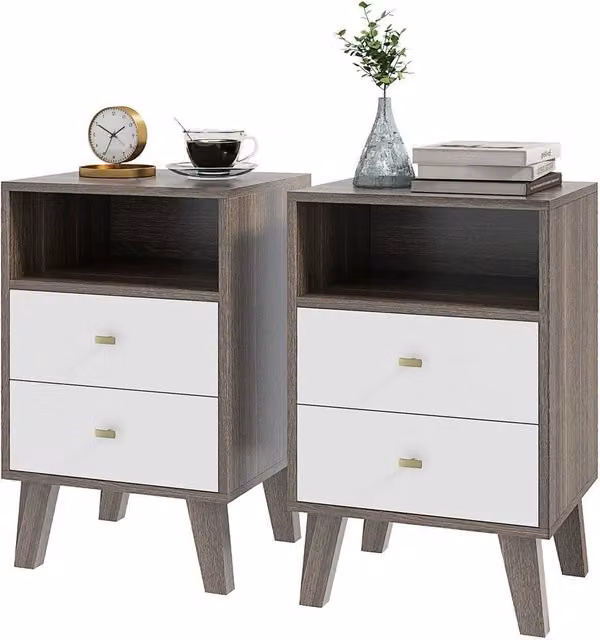 KORVIXA Set of 2 Modern Industrial Nightstands in Grey and White – 1