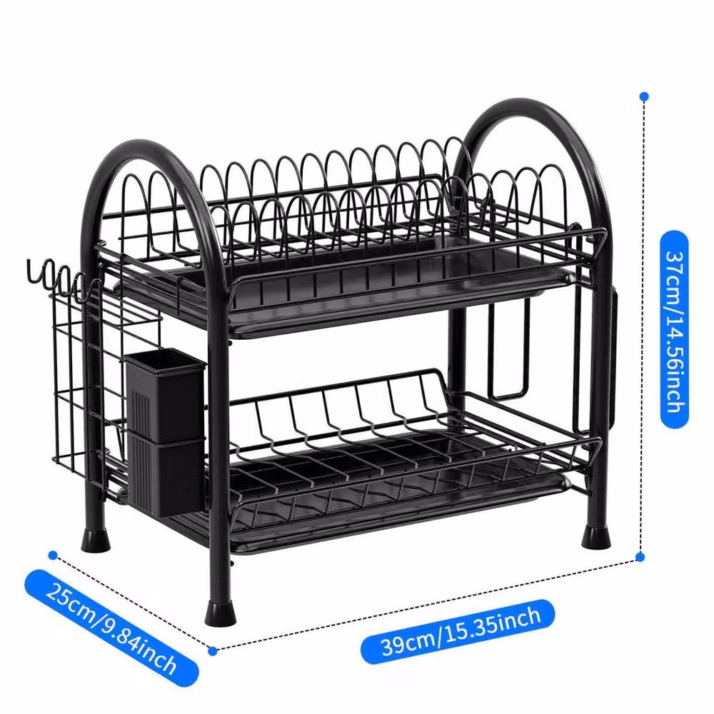 SPETLEK 2 Tier Dish Drainer Rack with Drip Tray and Cutlery Holder in Black – 2