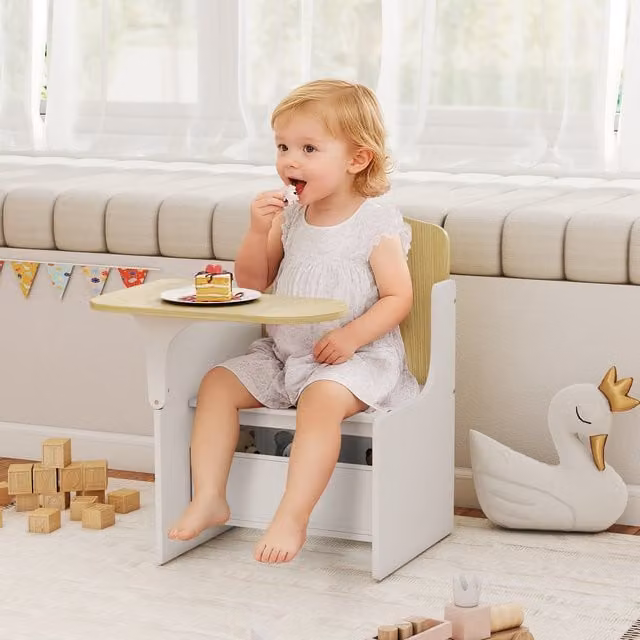 AIYAPLAY Kids Round Table and Chair Set with Storage Bins in White