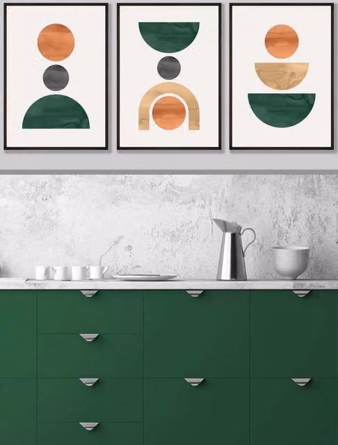 ARTZE Set of 3 Mid Century Abstract Geometric Graphic Wall Art with Black Frames in Green, Orange and Yellow, W: 33 cm, H: 45 cm, D: 2 cm