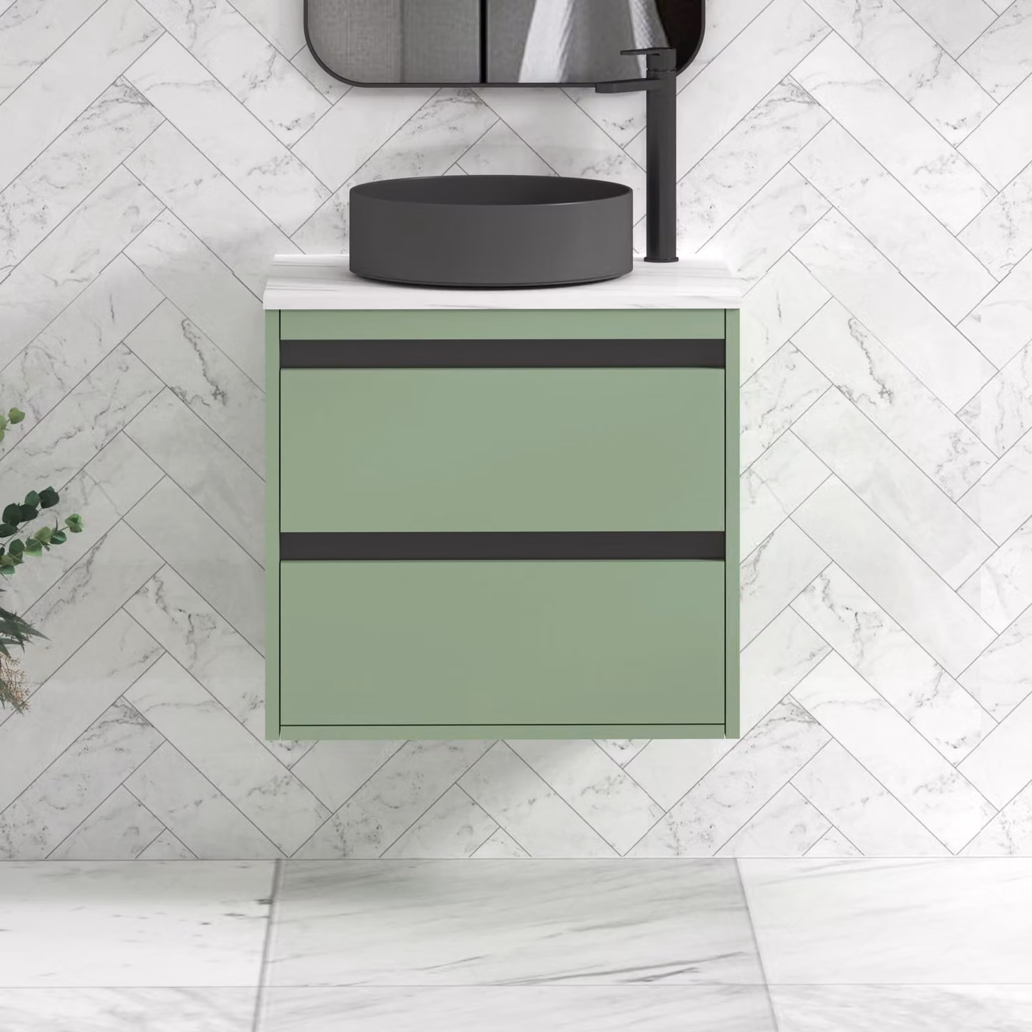 Royal Bathrooms Orion 800mm Mint Sage Wall Hung Vanity Unit with 2 Drawers, Art Round Basin and Black Accent Trim