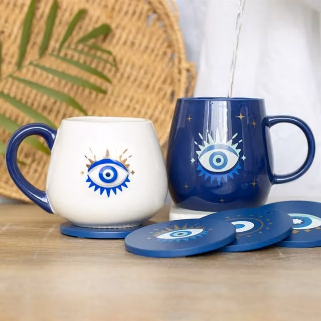 All Seeing Eye Coaster Set with Holder, Blue, Round
