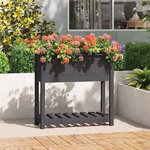 vidaXL Grey Pine Wood Planter with Shelf W/D/H: 82.5 x 34.5 x 81 cm – 2