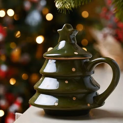 Widdop and Co Ceramic Christmas Tree Mug with Lid and Star Top in Green and Gold – 2