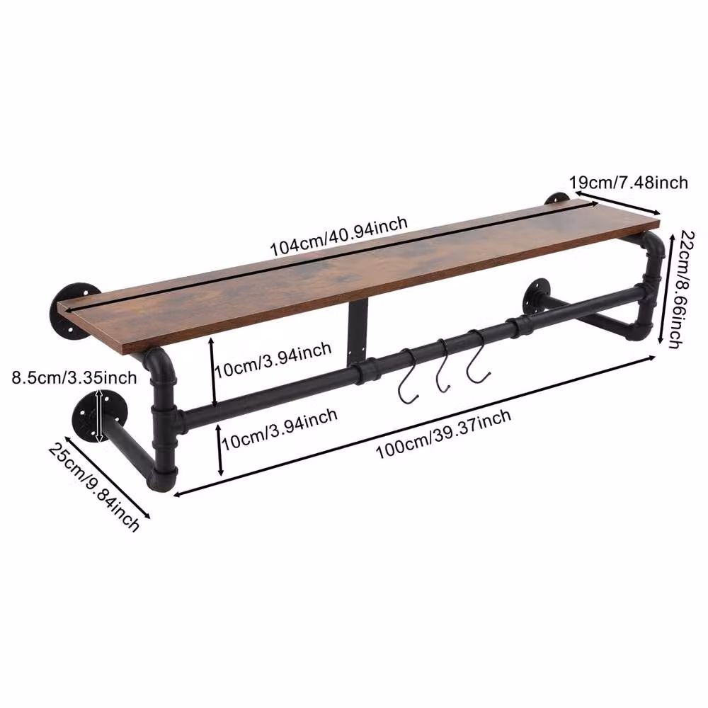 Ventryn Black Industrial Iron and Wood Wall Mount Coat Rack with Shelf, Width: 104 cm – 2
