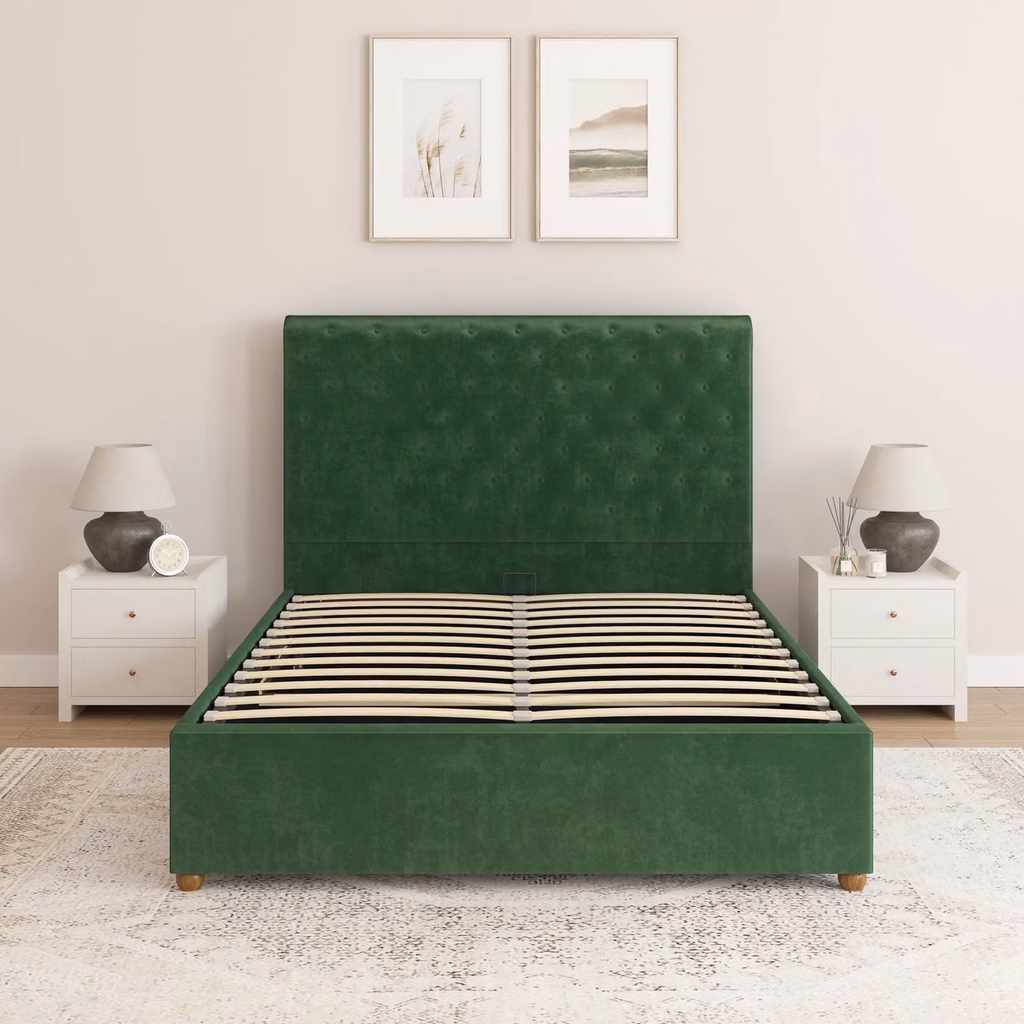 Aspire Taylor Ottoman Storage Bed Frame in Green Plush Velvet Fabric, Double (W: 140 cm, L: 200 cm) – 2