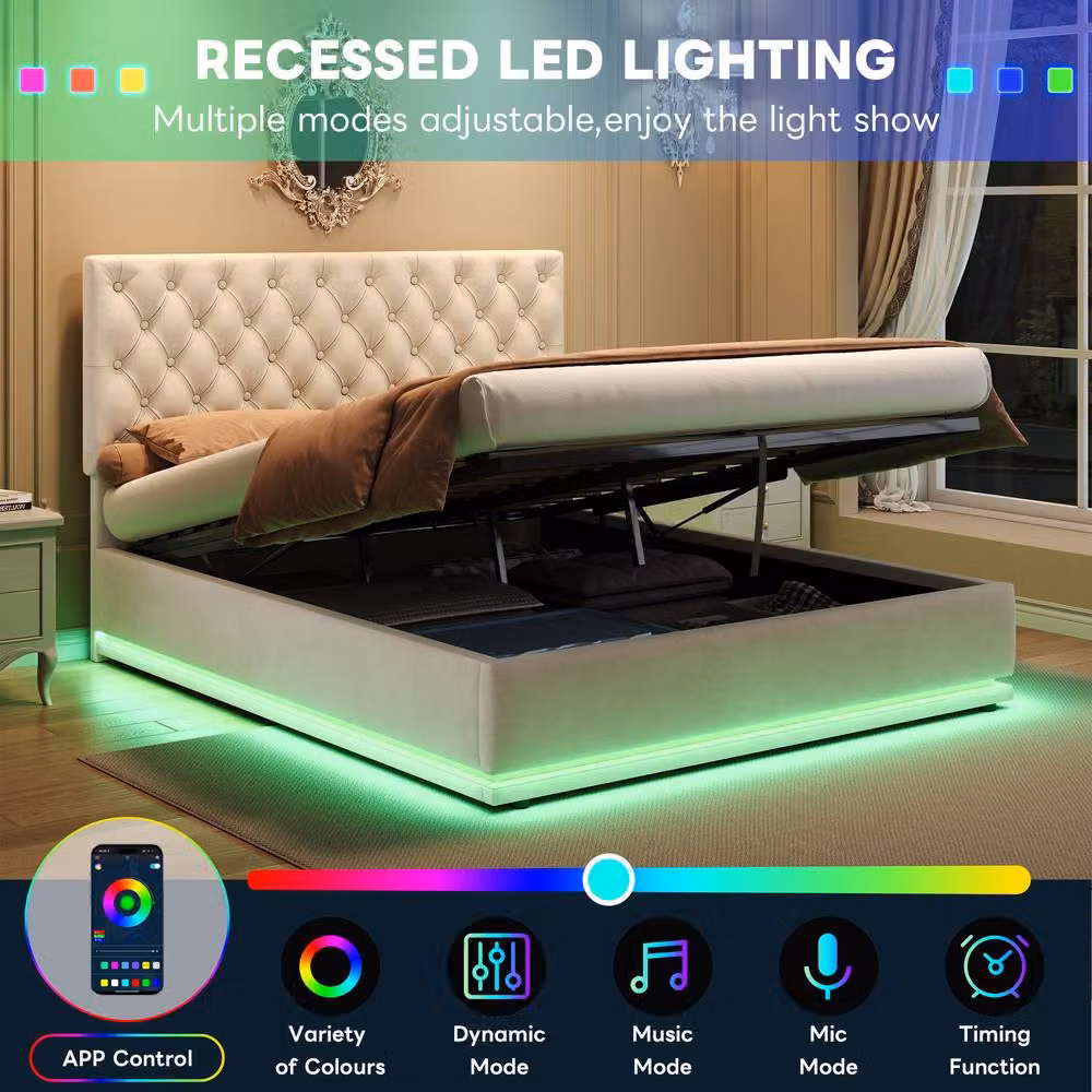 BTM Double Ottoman Bed with LED Lighting and Hydraulic Storage in Beige Velvet Fabric, W/D/H: 140 x 200 x 142 cm – 3